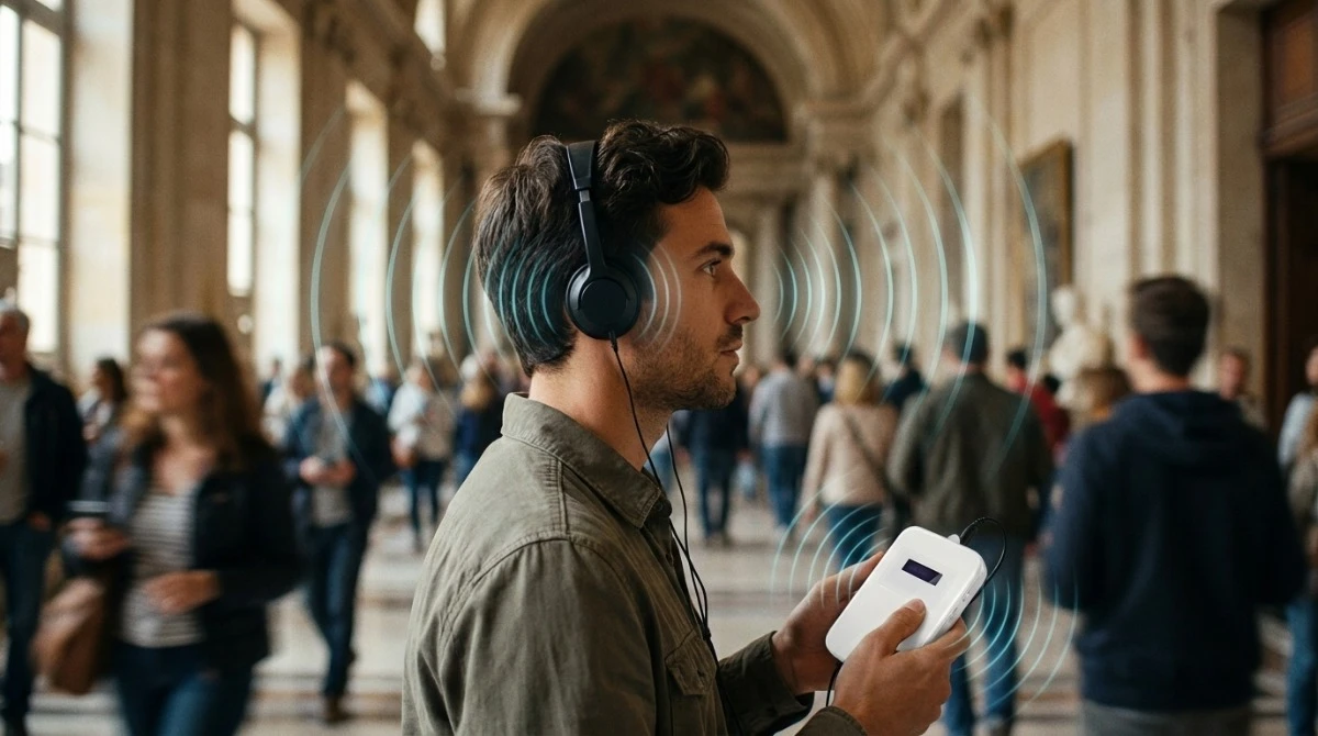 Visitor wearing in-ear audio guide headphones listening clearly in a crowded museum hall with high ceilings Visitor wearing in-ear audio guide headphones listening clearly in a crowded museum hall with high ceilings
