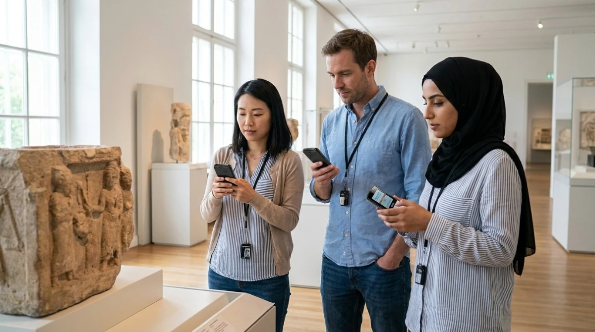 Diverse international museum visitors selecting different language options on the same audio guide device Diverse international museum visitors selecting different language options on the same audio guide device