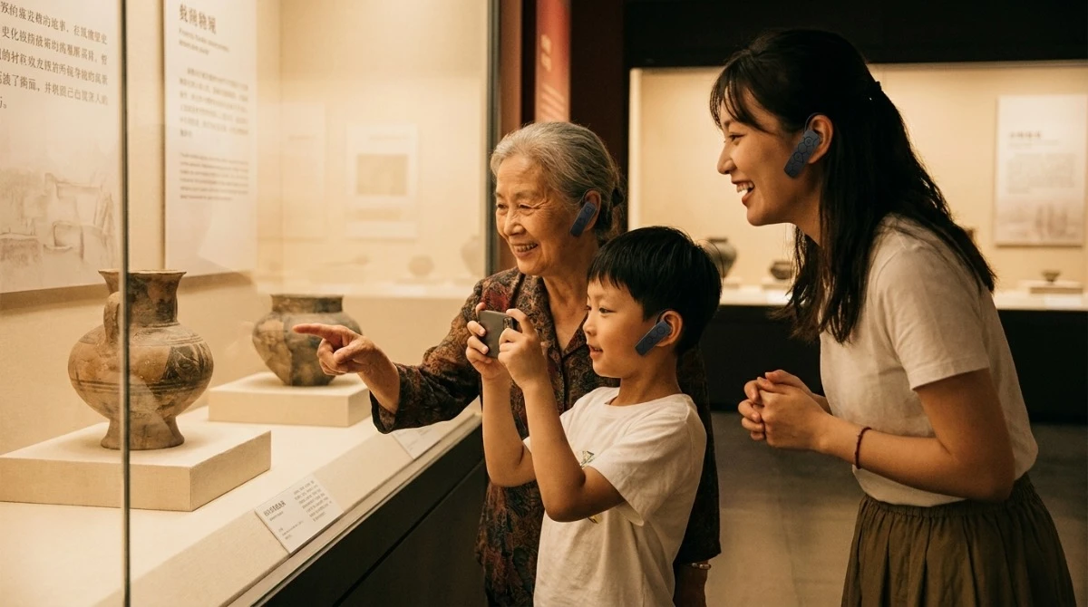 Elderly woman child and young adult comfortably wearing lightweight ear-hook audio guide devices hands-free in a museum1 Elderly woman child and young adult comfortably wearing lightweight ear-hook audio guide devices hands-free in a museum1
